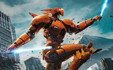 HD desktop wallpaper of a Jaeger robot from the movie Pacific Rim: Uprising, shown in an action pose amidst a cityscape with mountains in the background.