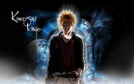 HD desktop wallpaper featuring Ichigo Kurosaki from the anime Bleach. The character stands with a dark, mystical background and text reading Kurosaki Ichigo to the left.