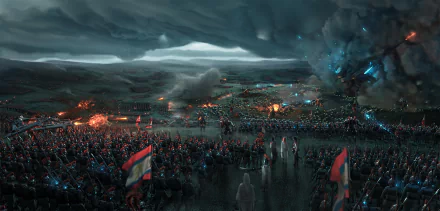 HD fantasy battle scene wallpaper depicting an expansive battlefield with armies clashing under a stormy sky, lit by explosions and magical effects.