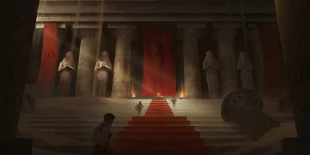 HD fantasy desktop wallpaper depicting ancient ruins with towering statues and a red carpeted staircase leading to a grand altar bathed in soft light.