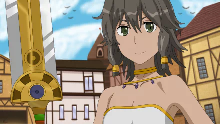 HD PC wallpaper featuring Tiona Hiryute from the anime Is It Wrong to Try to Pick Up Girls in a Dungeon?, standing outdoors with buildings and a blue sky in the background.