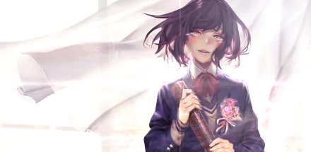 HD anime-style original artwork of a girl with short dark hair holding a scroll, set against a soft, light-filled background, designed as a PC desktop wallpaper.