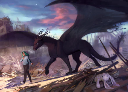 A post-apocalyptic fantasy scene featuring a large black dragon with wings beside a person with teal hair walking through a ruined, desolate landscape in this HD PC desktop wallpaper.