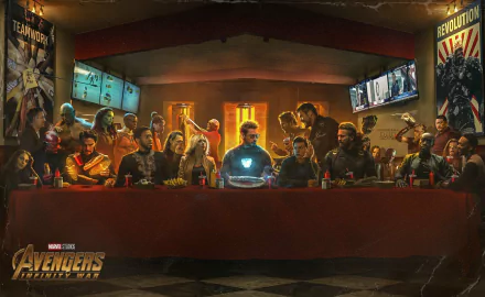HD wallpaper and background featuring characters from the movie Avengers: Infinity War, depicting them gathered similar to a famous painting.