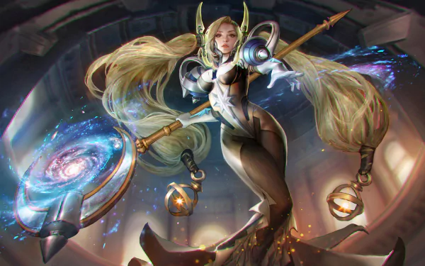 HD PC desktop wallpaper featuring a long-haired blonde staff-wielding character from the video game Vainglory in an action pose with a cosmic background.