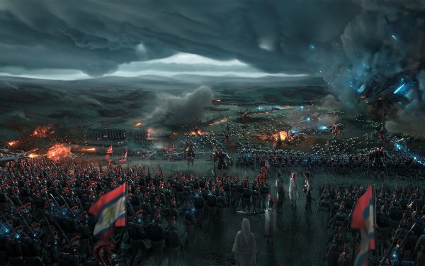 HD fantasy battle scene wallpaper depicting an expansive battlefield with armies clashing under a stormy sky, lit by explosions and magical effects.