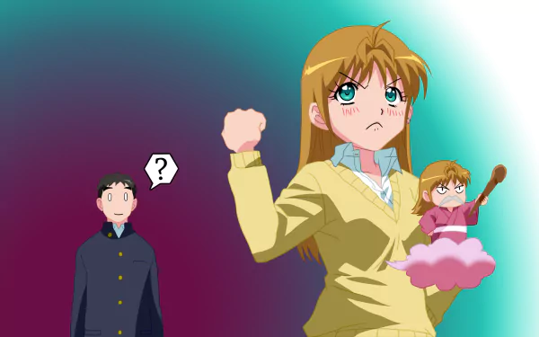 HD anime desktop wallpaper featuring Yamada from B Gata H Kei by Takashi Kosuda, showing her determined pose with a small doll and a confused male character in the background.