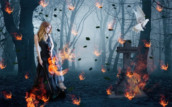 Dark Gothic Flame Headstone Cross Bird Dove Violinist Violin HD Wallpaper | Background Image