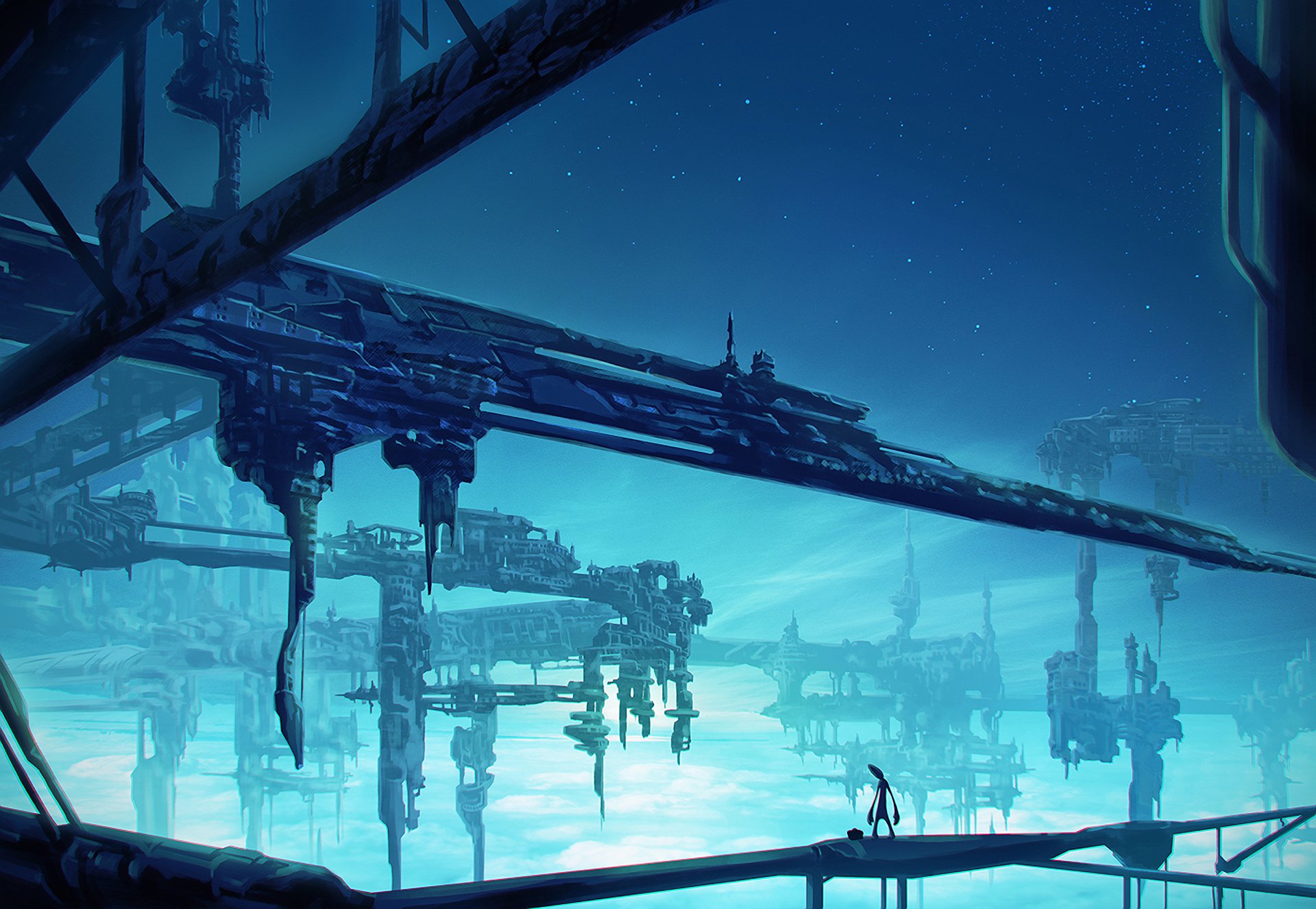 HD anime original desktop wallpaper featuring futuristic floating structures against a starry night sky, with two small silhouetted figures on a platform.