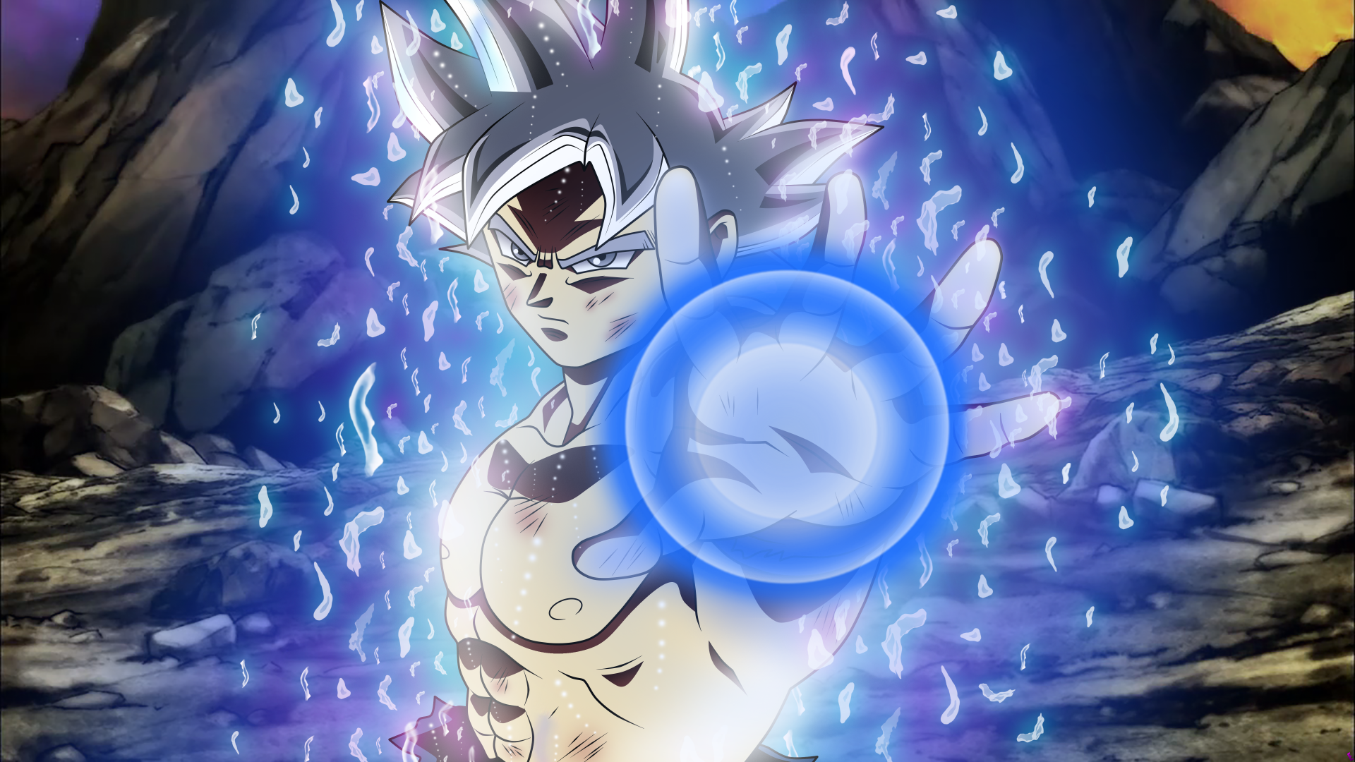 HD desktop wallpaper featuring Goku in his Ultra Instinct form from Dragon Ball Super, surrounded by a glowing aura and holding a blue energy sphere.