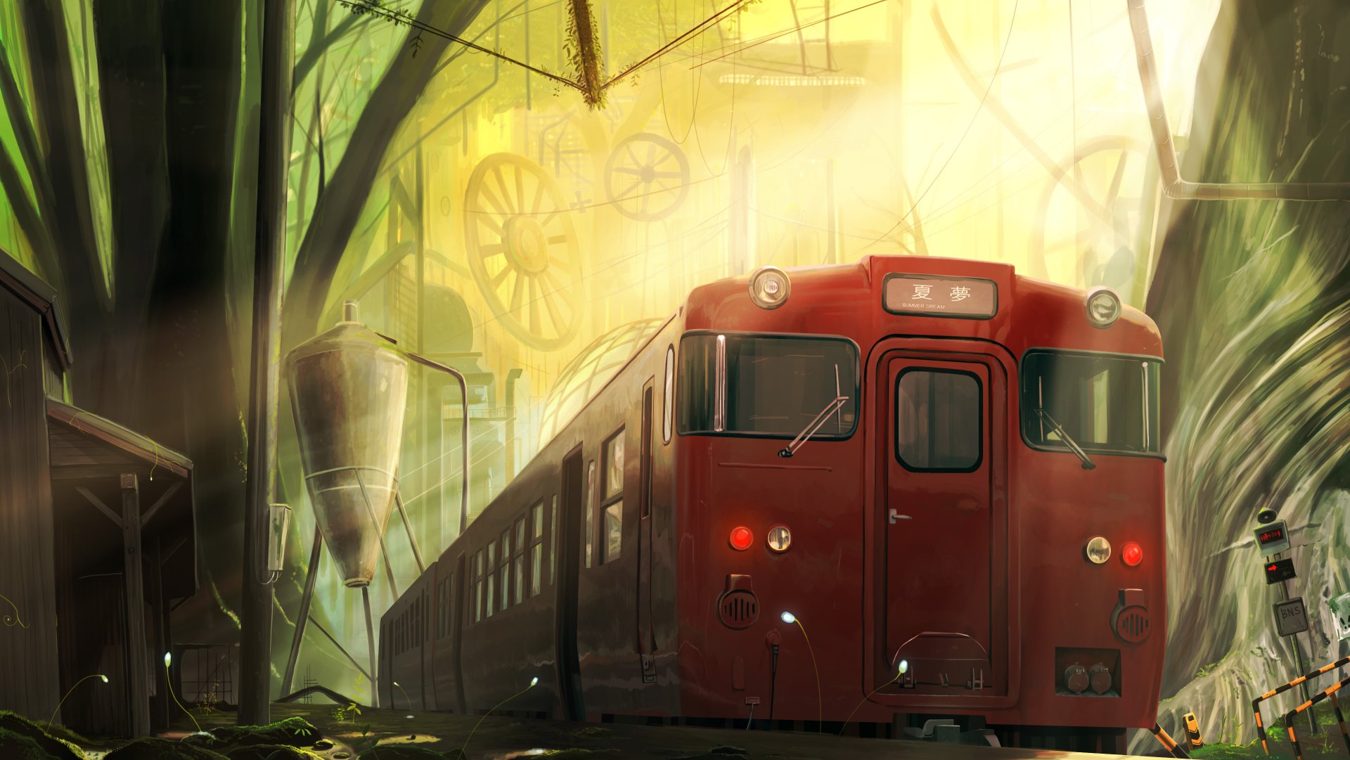 4K Ultra HD anime-style train traveling through a misty, sunlit forest with large gears faintly visible in the background, designed as an original PC desktop wallpaper.