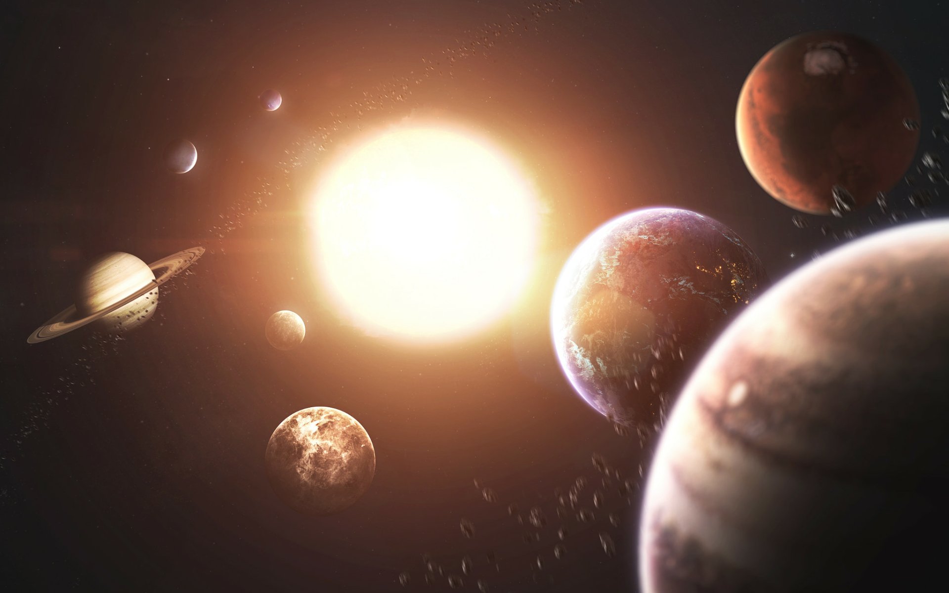HD PC desktop wallpaper depicting a sci-fi space scene with a bright sun surrounded by various planets and moons in a detailed cosmic setting.