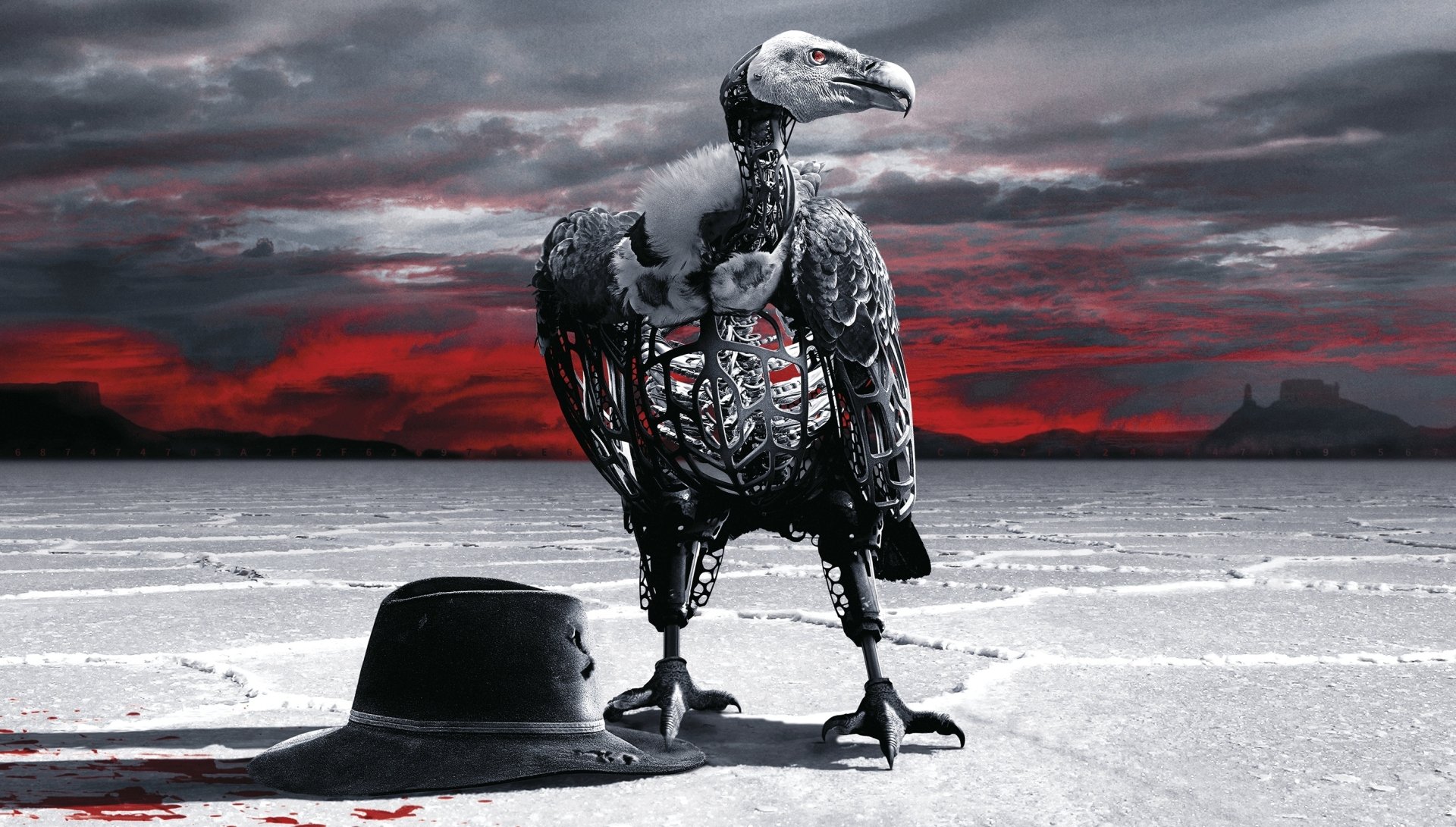 HD PC wallpaper featuring a robotic vulture wearing a hat in a desert landscape, inspired by the TV show Westworld.