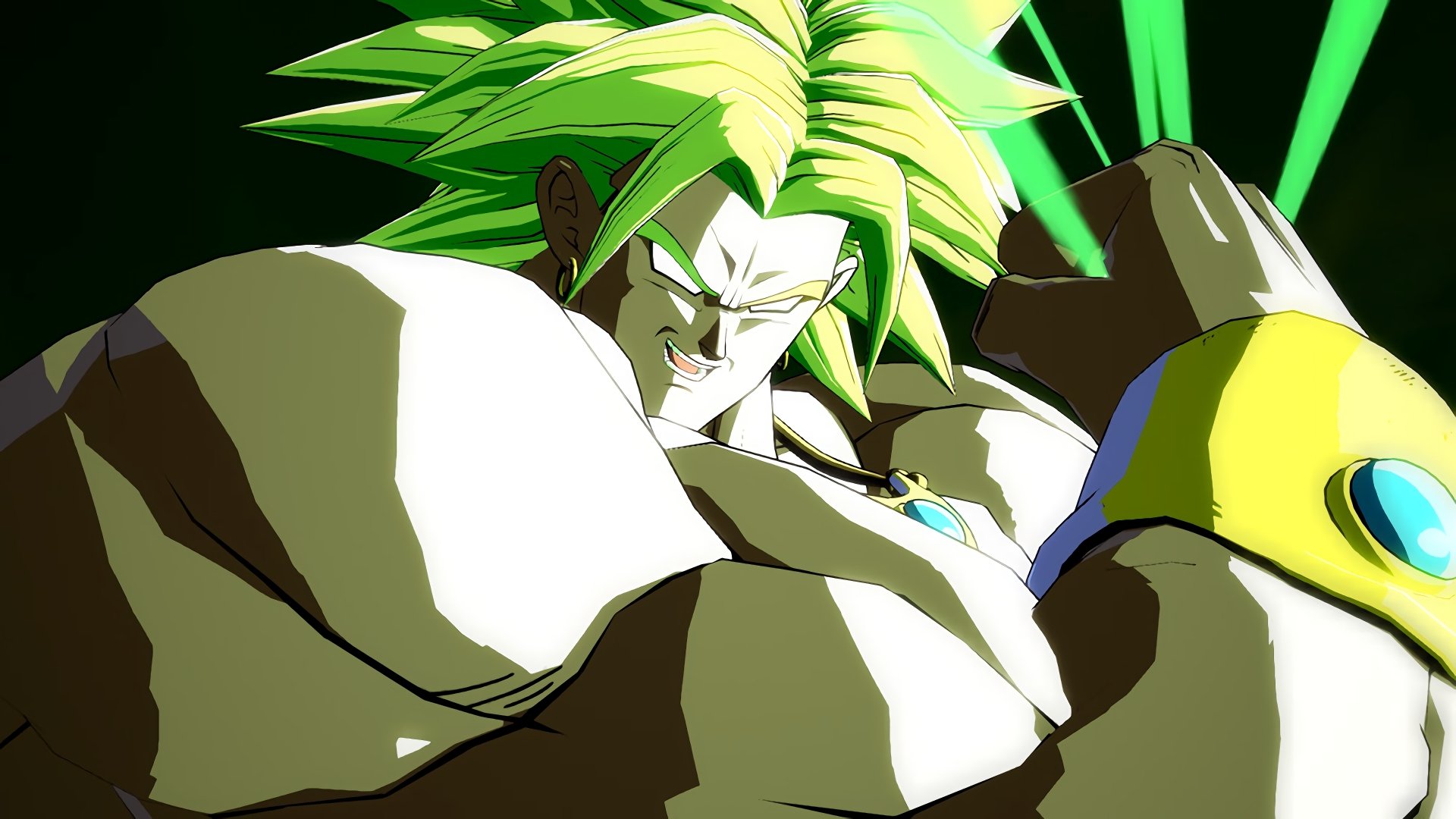 Broly from Dragon Ball FighterZ, green-haired Legendary Super Saiyan flexing massive muscles in high-contrast, cel-shaded art — 4K Ultra HD PC desktop wallpaper/background.