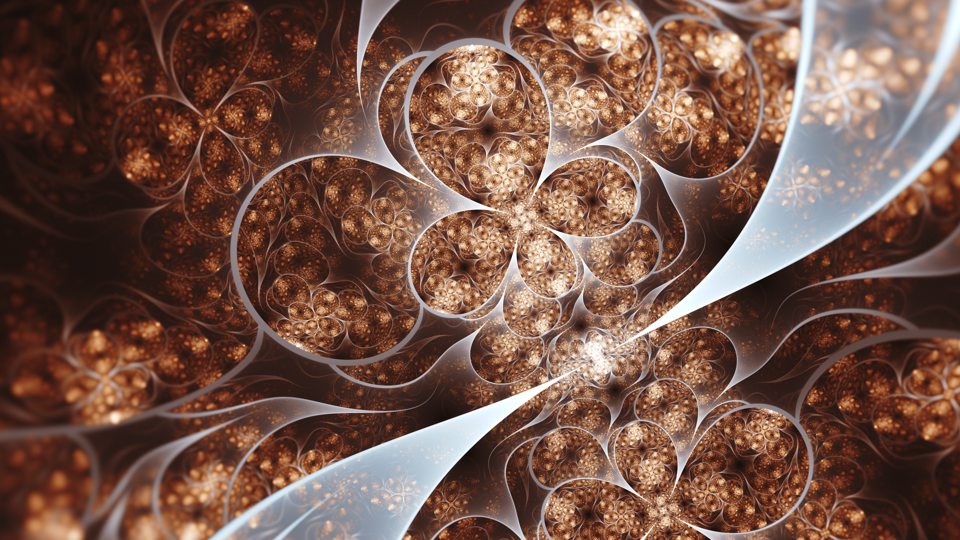 A 4K Ultra HD abstract fractal design featuring intricate, swirling patterns in warm bronze and silver tones, creating a dynamic and mesmerizing desktop wallpaper.