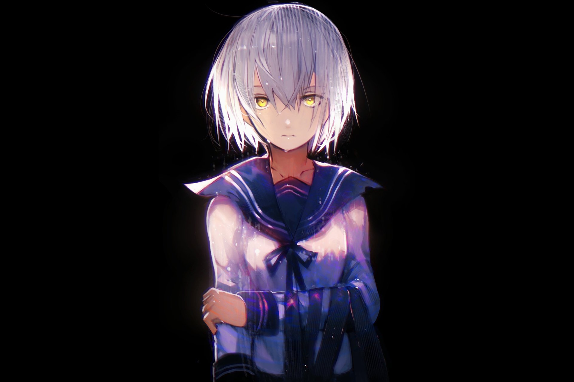 An HD desktop wallpaper of an anime character in a school uniform, featuring a white-haired individual with a serious expression against a dark background.