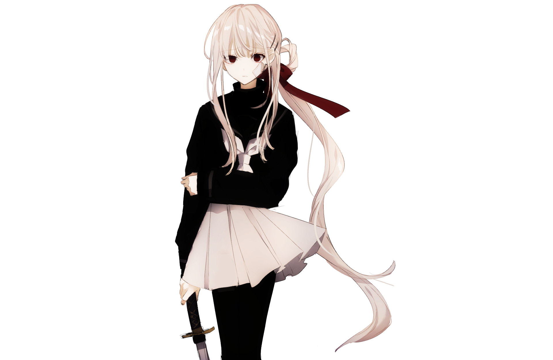 Anime-style original character with long pale hair, wearing a black top and light skirt, holding a sword. HD PC desktop wallpaper and background.
