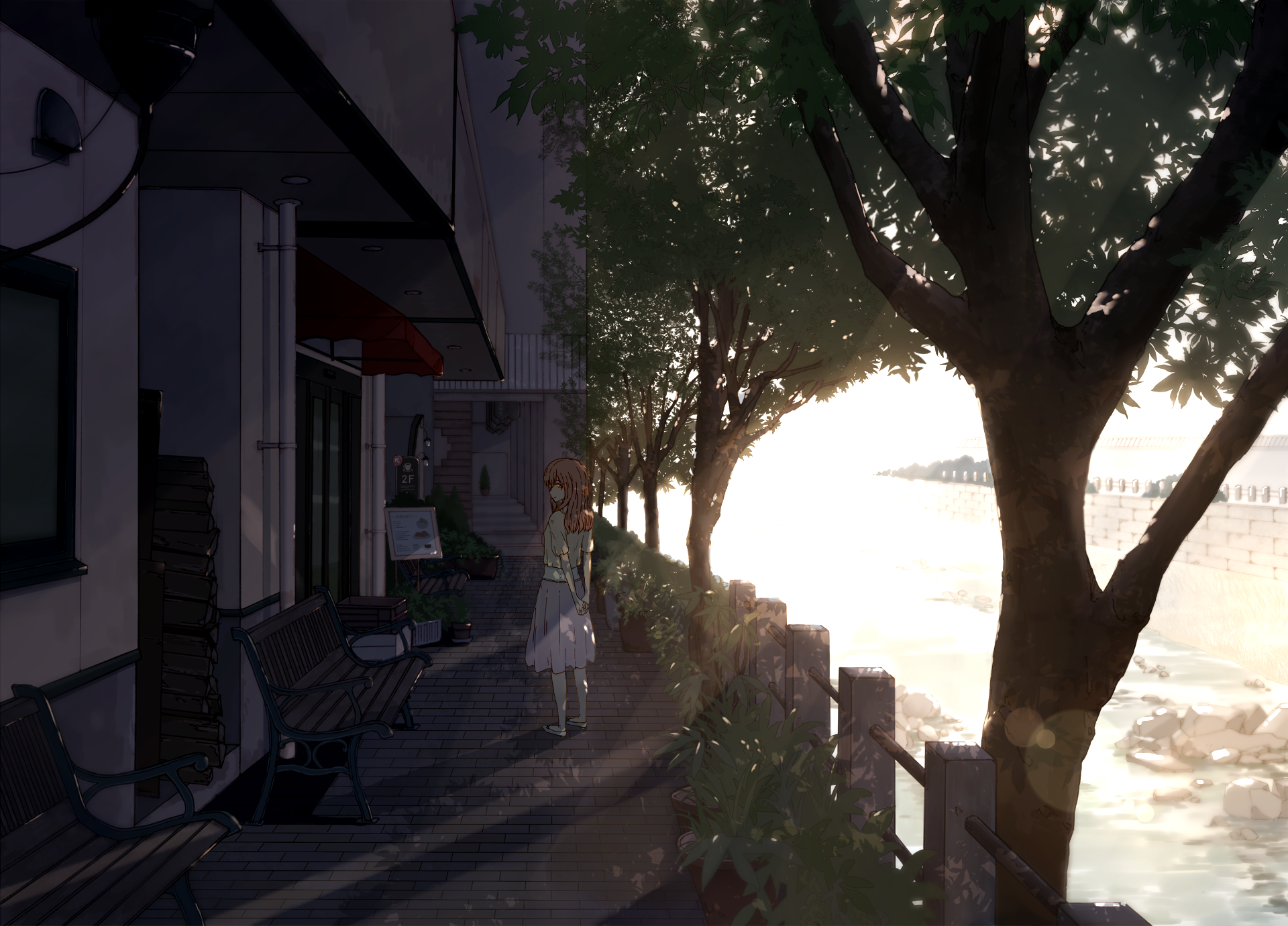 HD desktop wallpaper featuring Shouko Nishimiya from the anime A Silent Voice, standing on a serene riverside walkway lined with trees during a sunset.