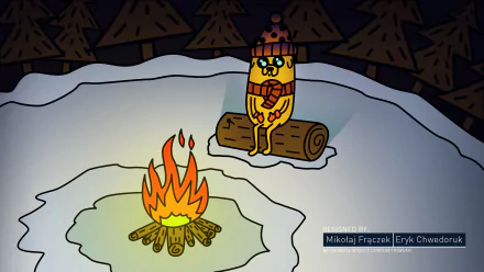 Jake from Adventure Time sits on a log by a campfire in a snowy winter forest, wearing a hat and scarf, captured in a 4K Ultra HD desktop wallpaper.