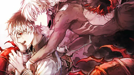 HD desktop wallpaper of Ken Kaneki from Tokyo Ghoul:re. The image features two intense scenes with Ken Kaneki, highlighting the duality of his character in vivid, dramatic colors.