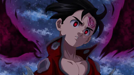 HD desktop wallpaper featuring Zeldris from The Seven Deadly Sins anime. He has black hair, red eyes, and visible tattoos, with a dark, dramatic background.
