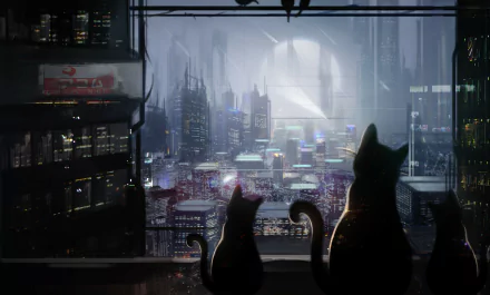 HD anime-style original desktop wallpaper depicting three cats silhouetted against a futuristic cityscape at night, viewed through a large window.