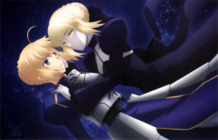 Saber (Fate Series) in light and dark armor, anime scene from Fate/stay Night Movie: Heaven's Feel — 2K Quad HD PC desktop wallpaper showing two Sabers against a starry purple backdrop.