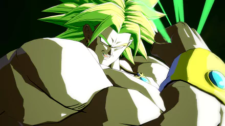 Broly from Dragon Ball FighterZ, green-haired Legendary Super Saiyan flexing massive muscles in high-contrast, cel-shaded art — 4K Ultra HD PC desktop wallpaper/background.