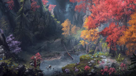 A warrior woman stands in an enchanted, colorful forest during fall, depicted in a fantasy HD desktop wallpaper.