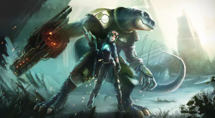 A sci-fi HD desktop wallpaper featuring a woman warrior armed with a weapon, standing confidently beside a large reptilian creature in a futuristic, desolate landscape.