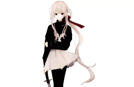 Anime-style original character with long pale hair, wearing a black top and light skirt, holding a sword. HD PC desktop wallpaper and background.