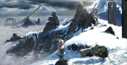 Anime-style original HD desktop wallpaper depicting a snowy mountainous landscape with a character and futuristic elements under a cloudy sky.