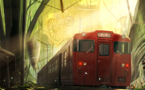 4K Ultra HD anime-style train traveling through a misty, sunlit forest with large gears faintly visible in the background, designed as an original PC desktop wallpaper.
