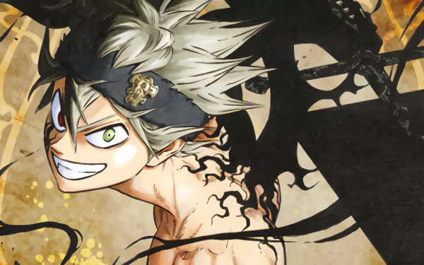 HD desktop wallpaper featuring Asta from the anime Black Clover, showcasing him with a determined expression and dark energy swirling around.