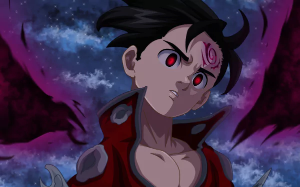 HD desktop wallpaper featuring Zeldris from The Seven Deadly Sins anime. He has black hair, red eyes, and visible tattoos, with a dark, dramatic background.