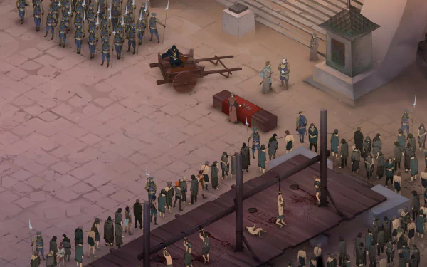 HD wallpaper from Ash of Gods: Redemption showing an in-game tactical scene with characters and formations.