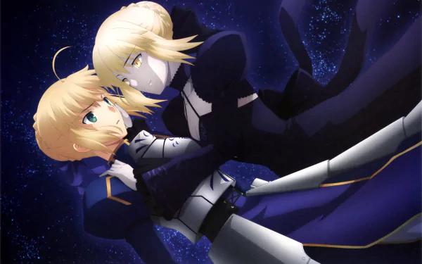 Saber (Fate Series) in light and dark armor, anime scene from Fate/stay Night Movie: Heaven's Feel — 2K Quad HD PC desktop wallpaper showing two Sabers against a starry purple backdrop.