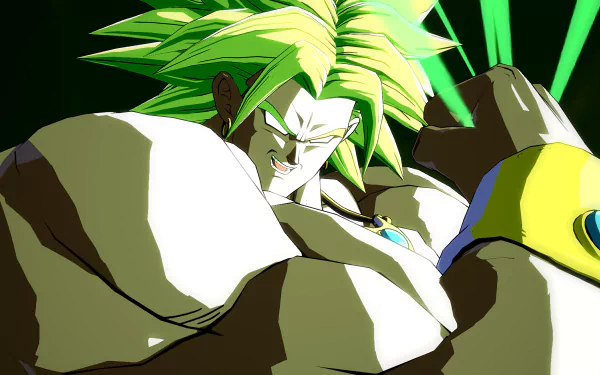 Broly from Dragon Ball FighterZ, green-haired Legendary Super Saiyan flexing massive muscles in high-contrast, cel-shaded art — 4K Ultra HD PC desktop wallpaper/background.