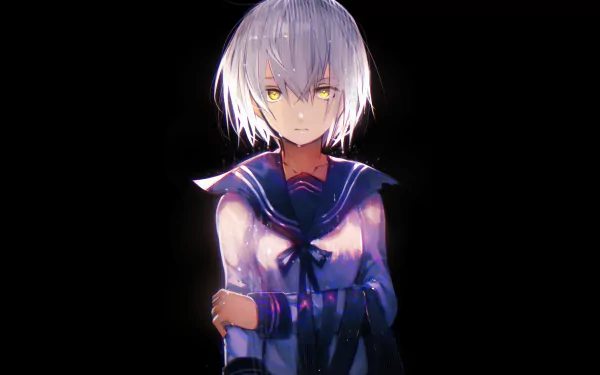 An HD desktop wallpaper of an anime character in a school uniform, featuring a white-haired individual with a serious expression against a dark background.