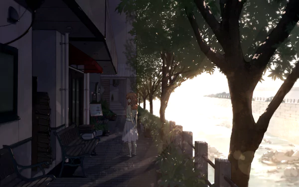HD desktop wallpaper featuring Shouko Nishimiya from the anime A Silent Voice, standing on a serene riverside walkway lined with trees during a sunset.