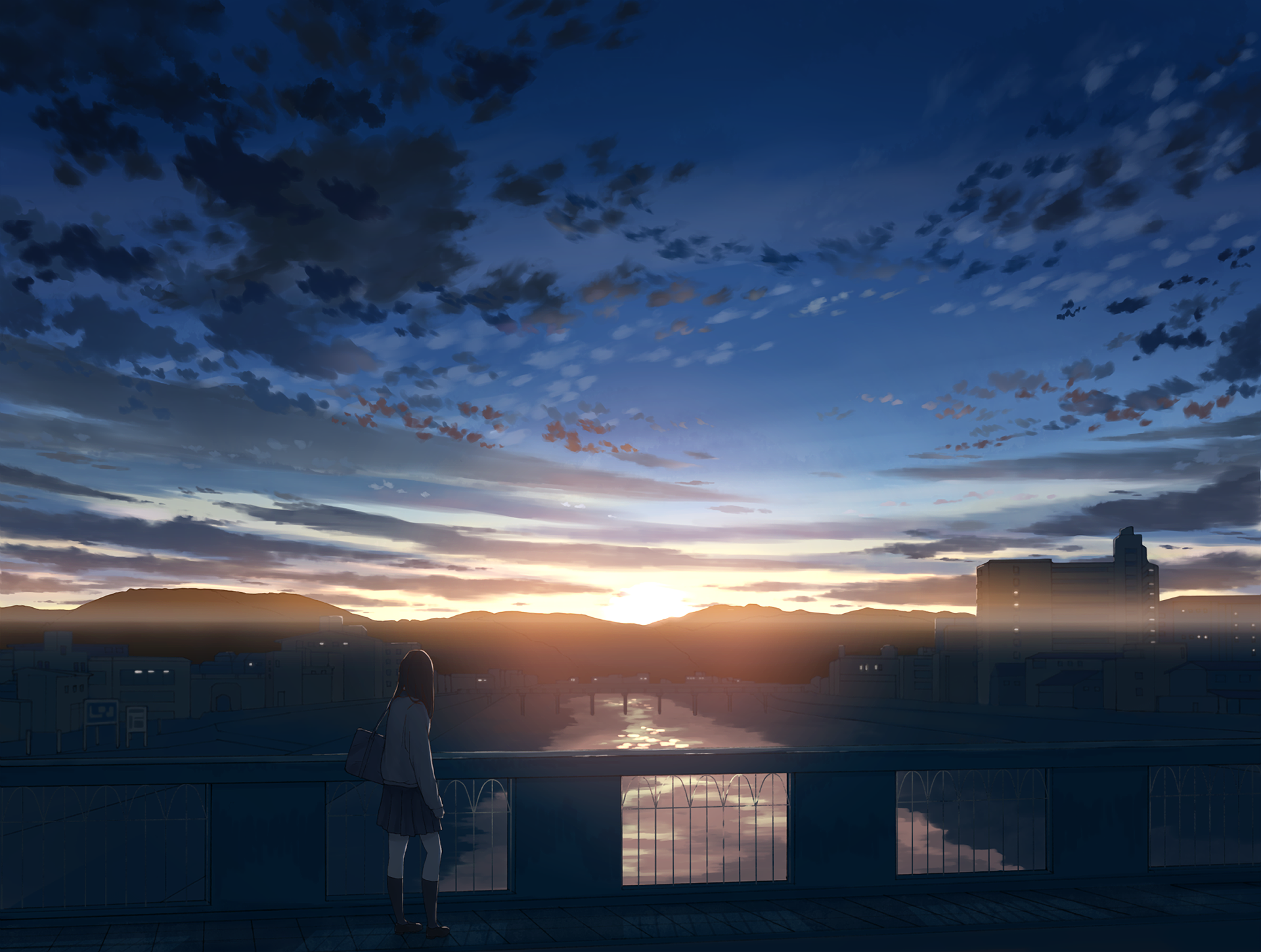 HD anime-style original desktop wallpaper depicting a serene sunset over a cityscape with a silhouetted figure standing by a railing in the foreground.