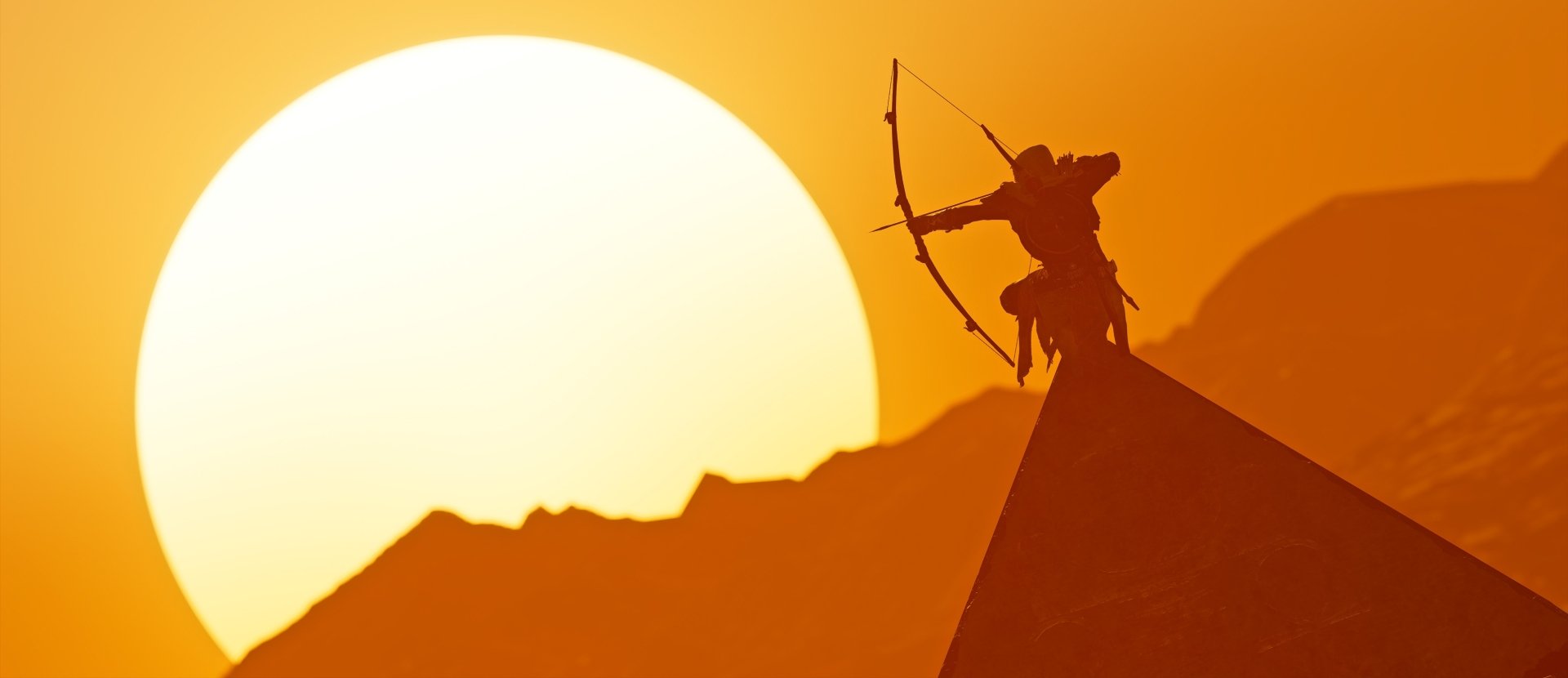 HD desktop wallpaper of Bayek of Siwa from Assassin's Creed Origins silhouetted with bow and arrow against a glowing sun and desert landscape.