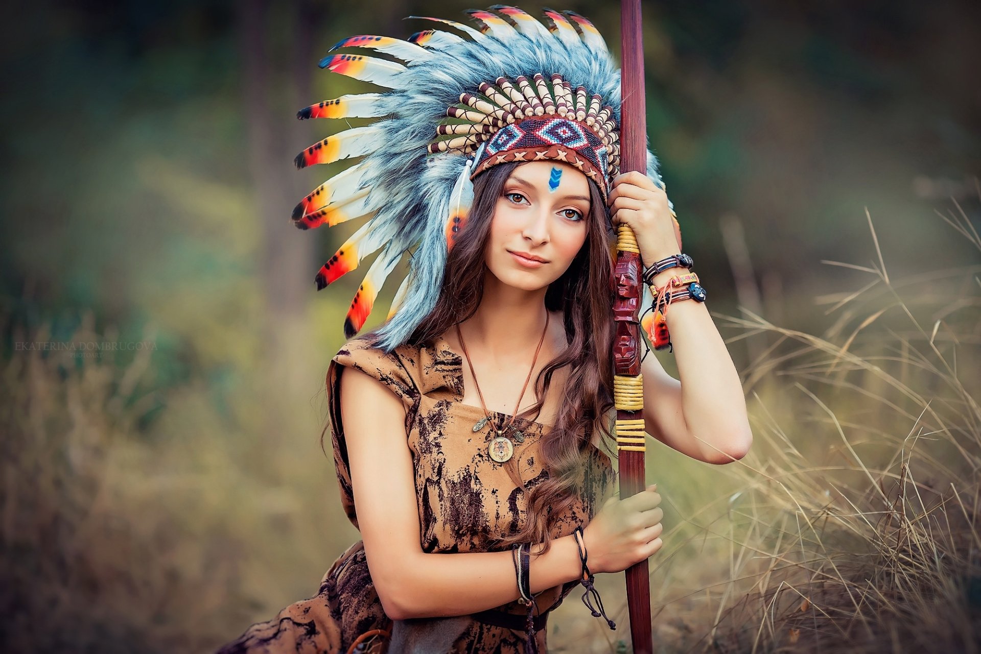 Download Brown Eyes Long Hair Brunette Depth Of Field Feather Headdress Asian Model Woman Native