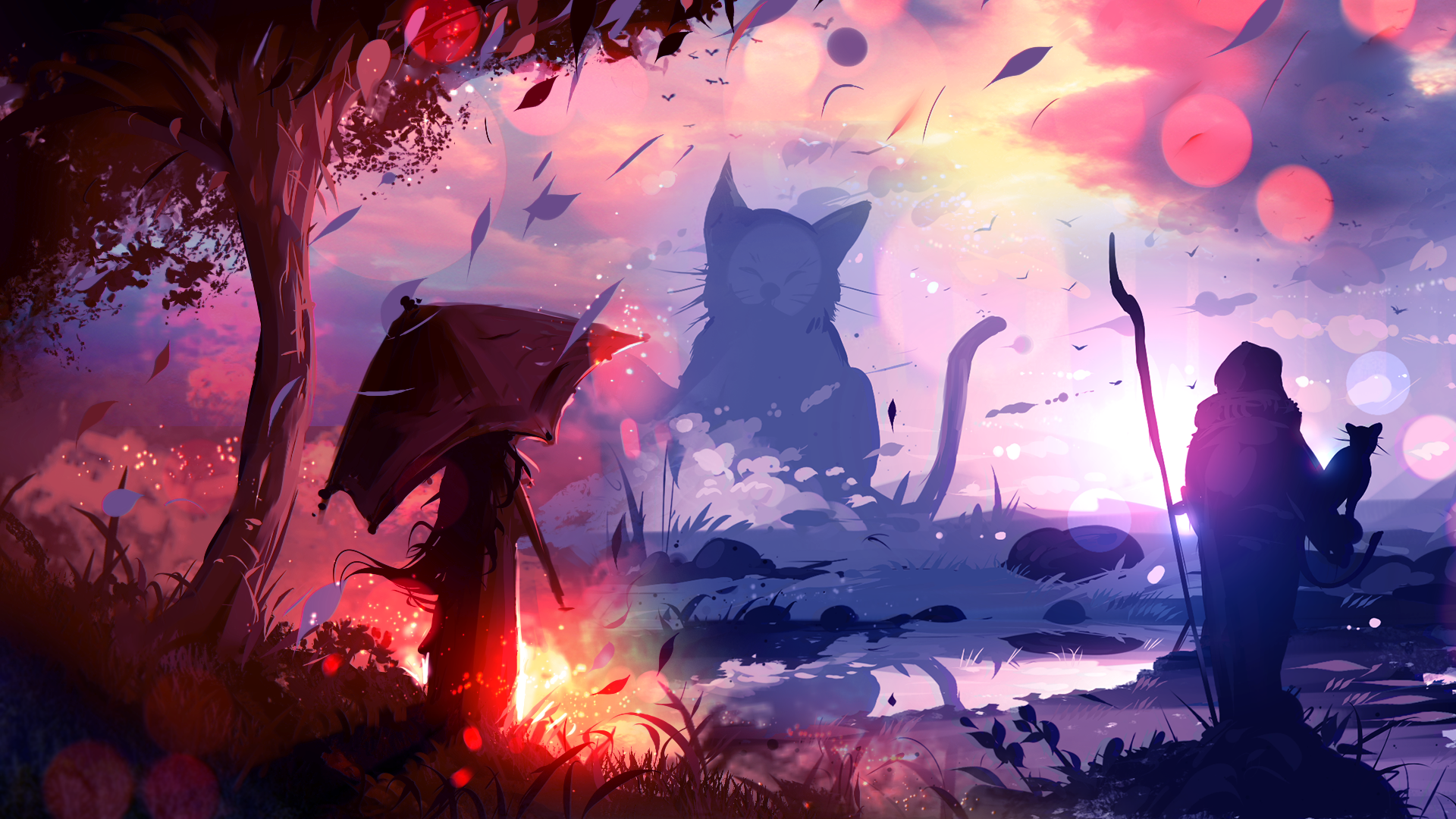A captivating original anime scene features a dark figure with an umbrella beside a serene landscape, illuminated by vibrant colors and a giant cat silhouette in the background. HD desktop wallpaper.