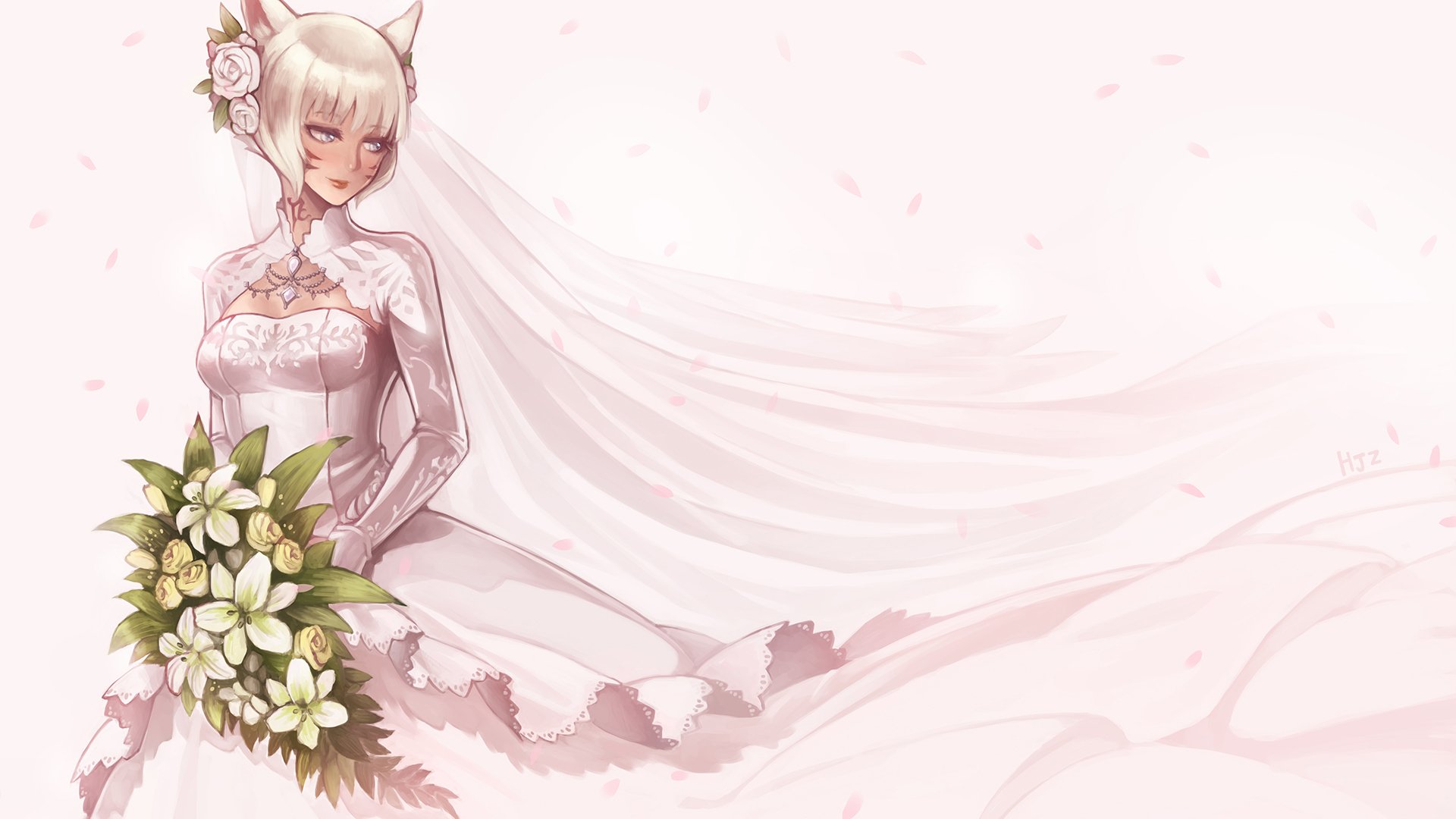 A blonde Miqo'te bride from Final Fantasy XIV in a detailed wedding dress with animal ears and a flower, holding a bouquet against a soft pink background.