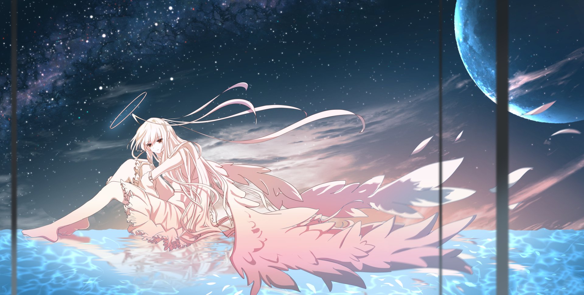 Anime-style original HD desktop wallpaper featuring a serene angelic figure with flowing white wings under a starry night sky and a large blue planet in the background.