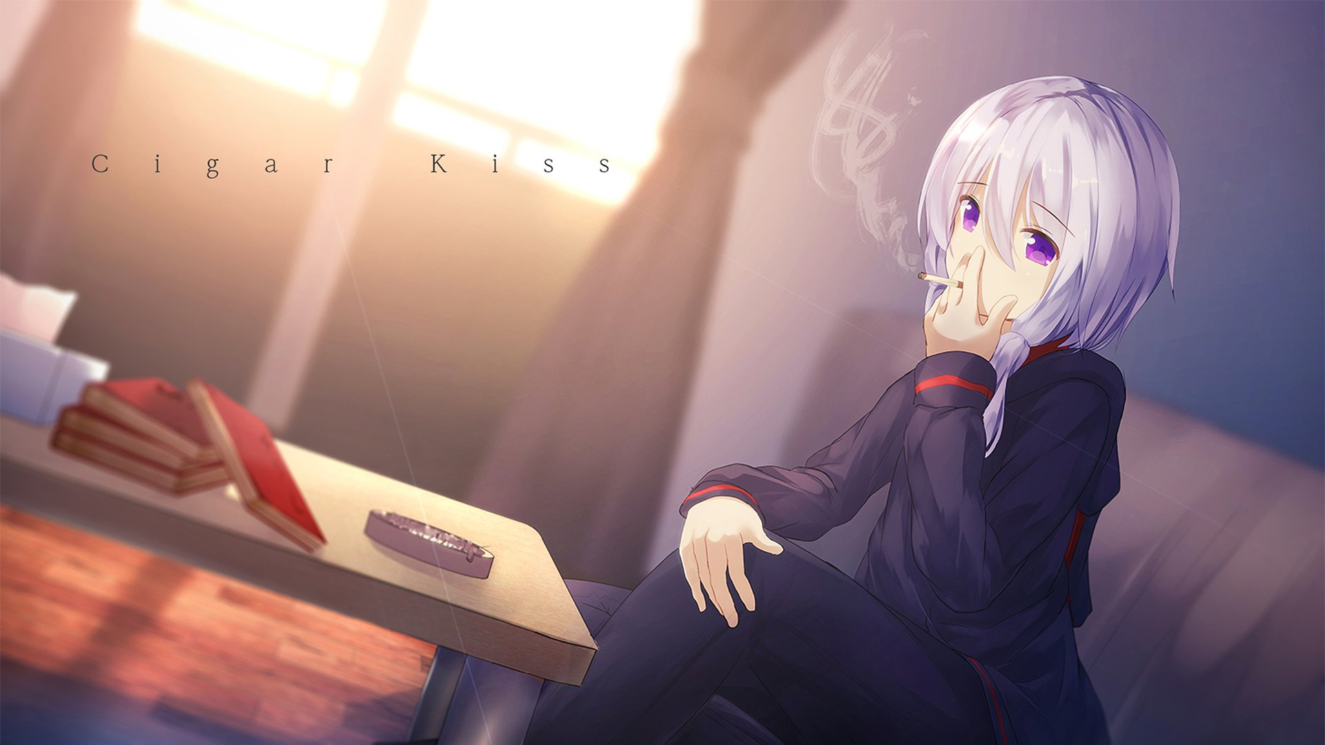 HD anime desktop wallpaper featuring Vocaloid character Yuzuki Yukari with light purple hair, sitting and holding a cigarette in a softly lit room.