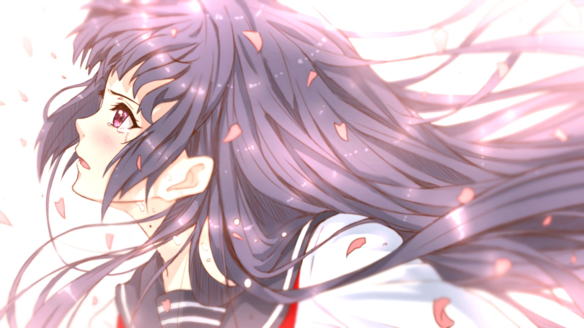 Anime original HD PC desktop wallpaper and background — side-profile of a contemplative girl in a sailor uniform, long purple hair streaming with falling cherry petals and soft pink light.