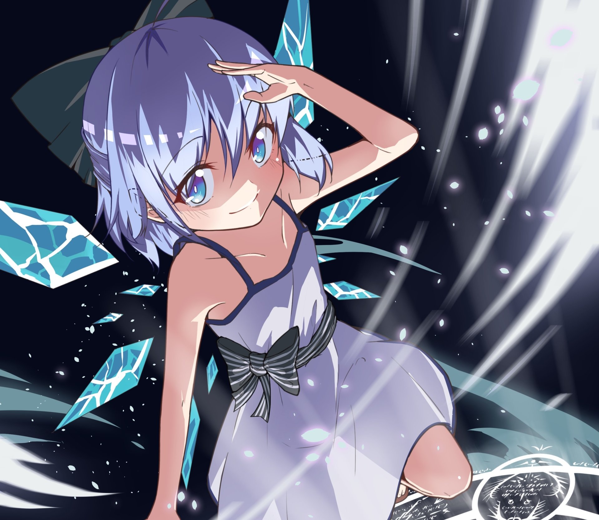 HD anime desktop wallpaper featuring Cirno from Touhou, depicted with icy blue hair and crystal-like wings against a dynamic dark background.