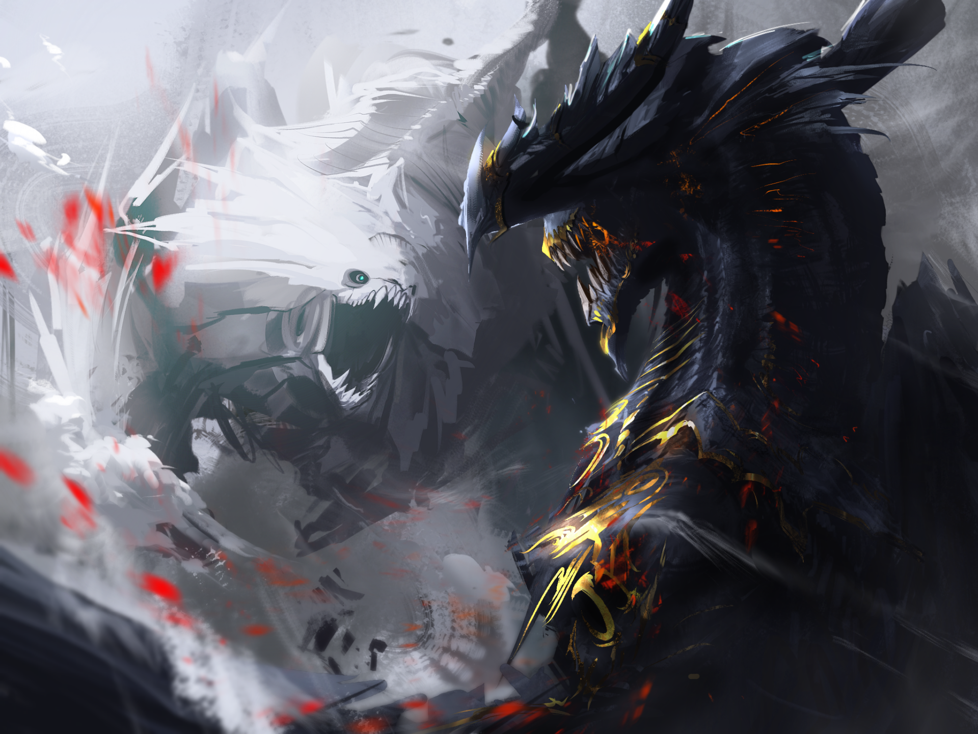 HD fantasy desktop wallpaper depicting an intense battle between a fierce black dragon and a white creature amidst swirling smoke and glowing embers.